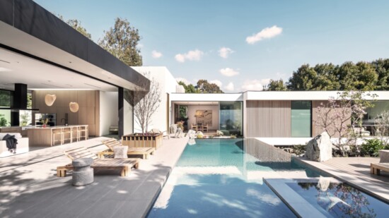 The front of the residence features an expansive deck and infinity pool