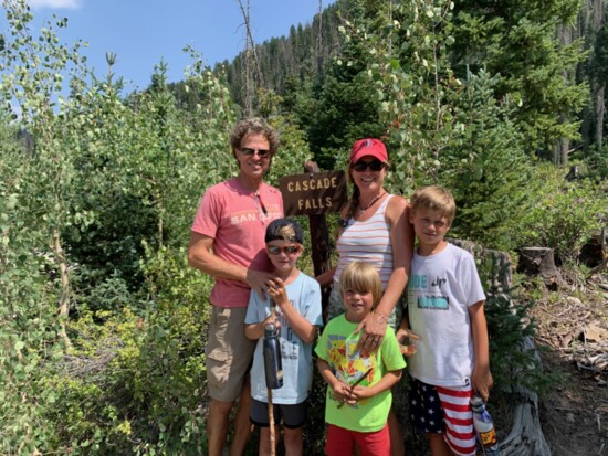 The Cavallin family at Cascade Falls in Colorado ready for a hiking adventure. L to R are Will, Amy, Cameron, Ted, and Drew.