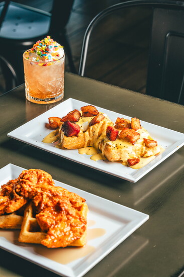 Chicken & Waffles and Bacon, Egg, & Waffle Benedict with Fruity Pebbles Cocktail