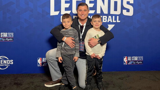 V. enjoys the NBA All-Star Weekend with his twins, Narek and Vahan.