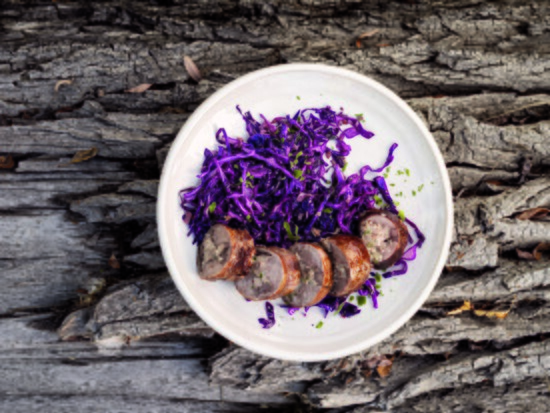 Dutch Oven Rabbit Boudin with Red Cabbage 