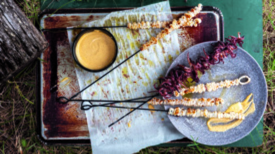 Woven Calamari Skewers with Harissa Aioli