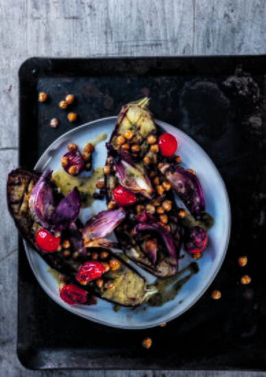 Grilled Eggplant, Chickpeas, and Marjoram-Mint Dressing