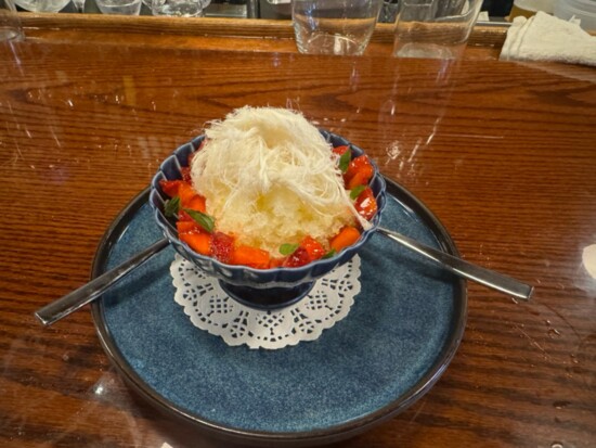 Meyer lemon granita with fresh strawberries and Turkish cotton candy