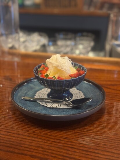 Meyer lemon granita with fresh strawberries, mint, and Turkish cotton candy