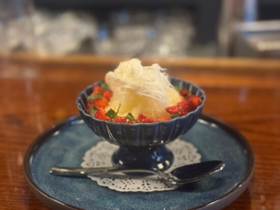 Meyer lemon granita with fresh strawberries and Turkish cotton candy