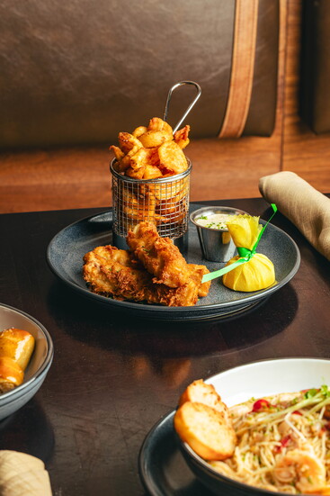  Beer-Battered Cod with Tightknit Irish Red Ale, Sidewinder Fries, and Sweet Chili Tartar Sauce