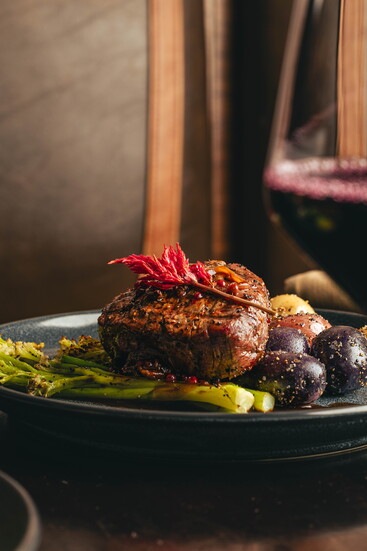 1855 Black Angus Beef, Pink Peppercorn Demi-Glace, Marble Potatoes, Caulilini