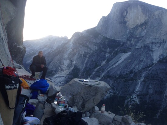 Nothing like dinner with a view. Dinner Ledge, South Face of Washington Column, Yosemite.