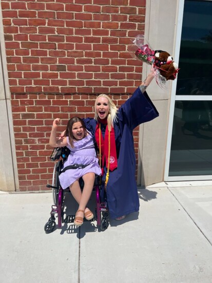 Graduation from college, May 2023. Sarah and her family flew to Lynchburg, Virginia so she could walk across the stage. Hope and Sarah celebrating afterwards!