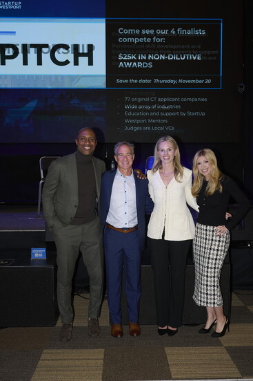 Jay Williams, StartUp Westport's Cliff Serlin and Kara Curtis, and CNBC's Sara Eisen at the Innovator of the Year Award ceremony.