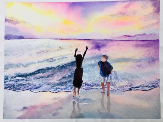 Custom watercolor of two children enjoying sunset at the ocean 