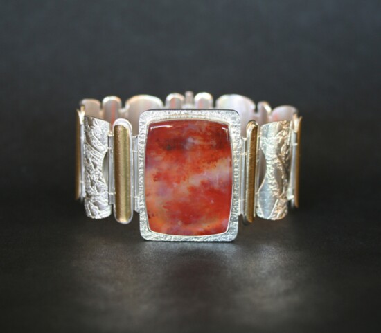 Etched sterling silver, 22k gold, Carey Ranch plume agate hinged bracelet