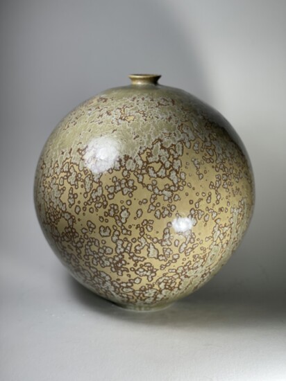 Stoneware moon vase with crystalline glaze, 13 by 12"