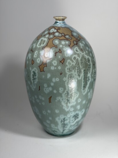 Porcelain bottle vase with crystalline glaze, 13 by 12"
