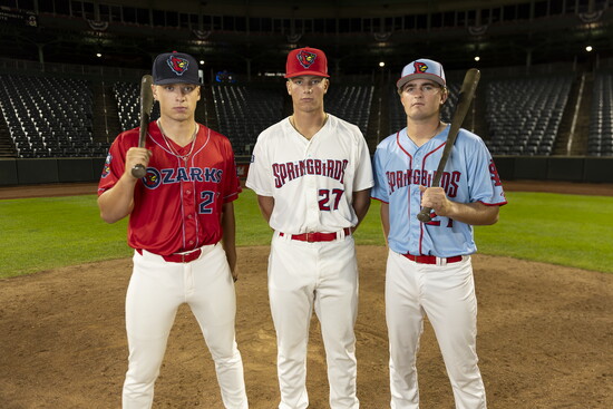 The Springbirds' new home white, road red, and victory blue jerseys. Courtesy of the Ozarks Springbirds