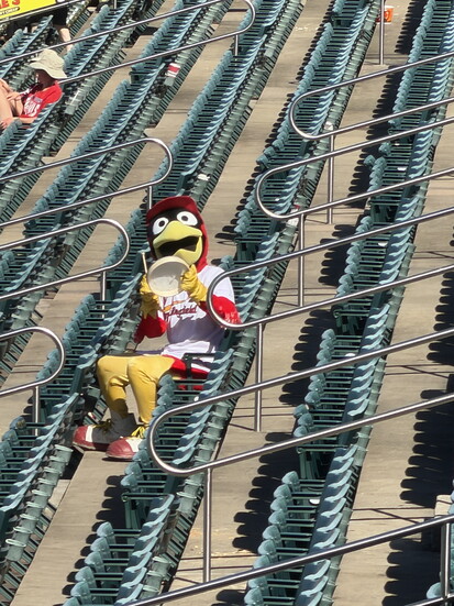 Louie takes a seat in the stands.