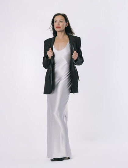 Anine Bing Camille Silver Dress. Blazer: Paige Fleetwood Fringe–Trim Blazer. Loom Clothing and Home. Shop-loom.com.