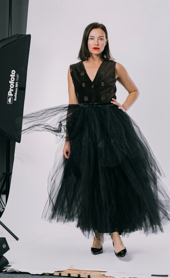 Vest: Kafka—Vellutto Macchiato, Maison Hotel. Loom Clothing and Home. Shop-loom.com. Paired with Vintage Tutu.