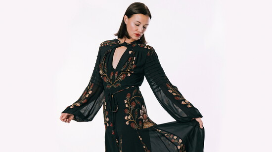 Dress: Farm Rio Berry Garden Pleated Maxi Dress. Available at Bella Funk. Bellafunkboutique.com. Shoes: Reformation.