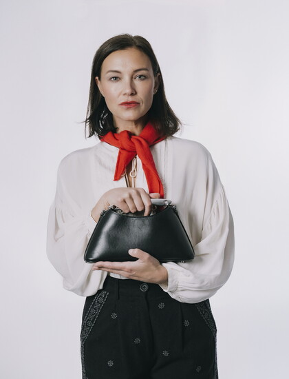 Blouse/pants: Maison Hotel. Scarf: Loom Exclusive. Handbag: Elleme Boomerang. Loom Clothing and Home. Shop-loom.com.