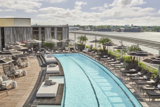 The 5th floor pool features sweeping views of the Mississippi River