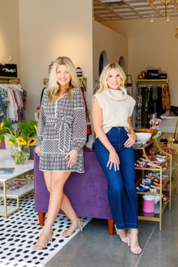 Alex Murray wearing the Julianna dress, Ashley Savage wearing the Marlene top and the Anessa ankle wide leg jeans with the Sheila Fajl Blair Studs.