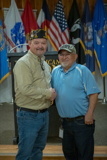Commander Scott Esh, U.S. Army veteran and local business owner, with Johnny Herrera, Army radar maintenance mechanic for the Nike Hercules missile system.