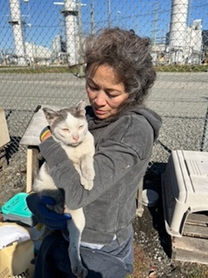 Volunteer Angie feeding the cats at the Industrial Colony