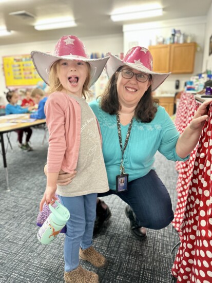 Spirit week at BSLS. Mrs. Acker and student matched on crazy hat day