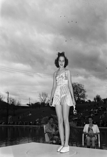 A model shows off the latest swimsuit fashion at Barton Springs in 1941.