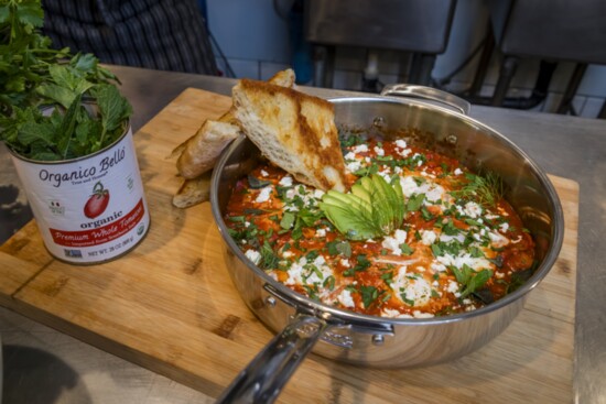 New twist on an old classic: Shakshuka with some of Chef Leah Di Bernardo's favorite Mediterranean inspired toppings.