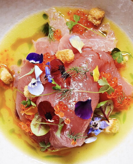 Bouboulina's tuna crudo with calabrian chili oil, citrus kosho, smoked trout roe, and croutons
