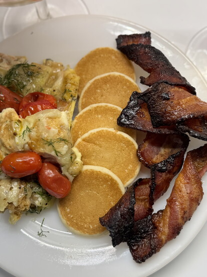 Crustless Roasted Tomato Quiche served with pancakes and Candied Bacon