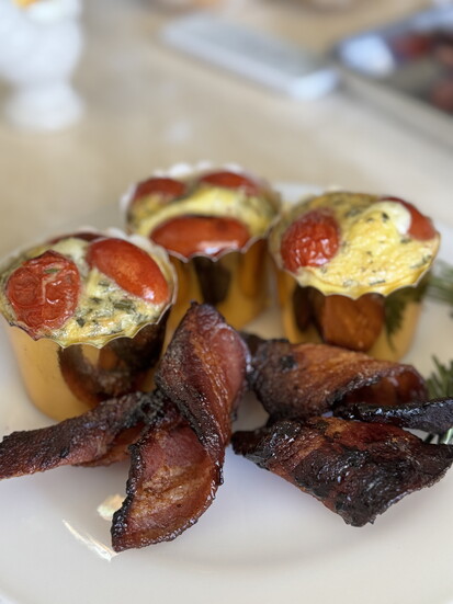 Crustless Roasted Tomato Quiche served with Candied Bacon