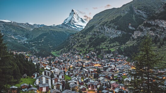 Evening view of Zermatt with The Matterhorn in the background. Photo by Switzerland. Photo by Lorenzo Riva/Switzerland Tourism