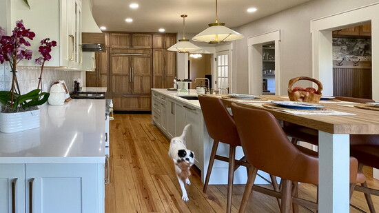 Original pine floors were refinished to anchor the expanded kitchen…where the puppy is always the boss!