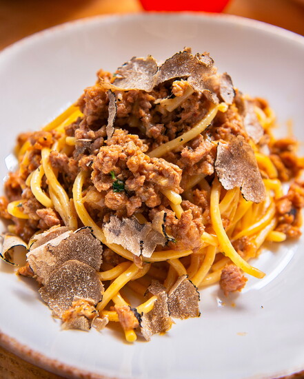 Tonnarelli alla Norcina pasta with Italian sausage and black truffle