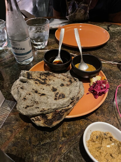 Freshly made tortillas with sikil p'ak, a traditional Maya/Yucatecan dip.