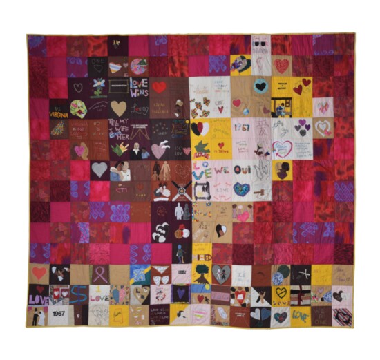 One of the March Quilts, "Loving vs. Virginia," sewn together by Sew-Op members to depict a multi-racial heart for love.