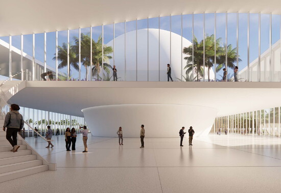 The museum's open atrium anchored by the new expanded planetarium