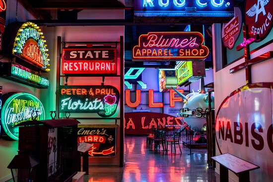 Neon hallway at the American Sign Museum. Photo by: Natalie Grilli