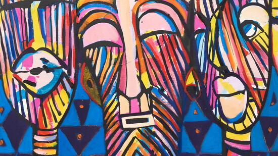 Curtis Barnes, Sr., (American, 1935–2019), Masks (detail), 1993, oil on canvas, 48 x 52 in., Private collection. 
