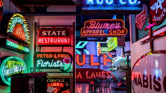 Neon hallway at the American Sign Museum. Photo by: Natalie Grilli