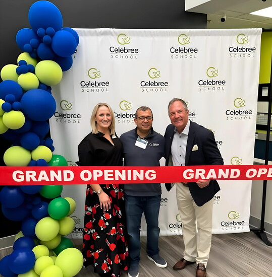 Owners of Northbrook’s Celebree School, Maggie Pisarczyk, and husband Mihir Shah, with Franchise school founder Richie Huffman