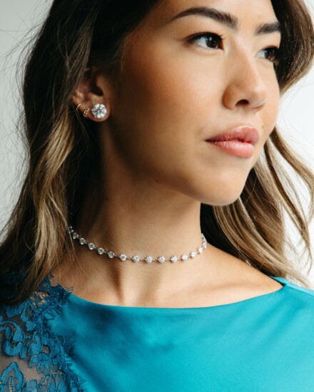 16.89 ctw diamond by the yard choker set in 14k white  11 ctw diamond studs set platinum.  Price upon request