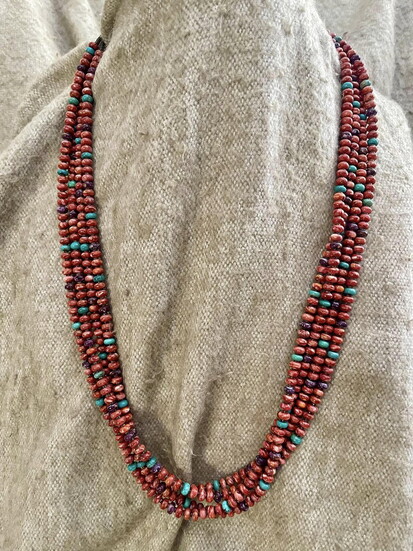 Exquisite 4-strand necklace made with Kingman Turquoise, Red and Purple Spiny Oyster, and shell heishi. Made by Kenneth Aguilar, Santo Domingo Pueblo.