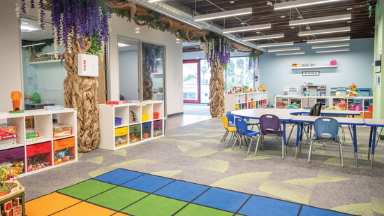 Larger spaces at the center accommodate "circle time" and other group activities designed to support the development of social skills.