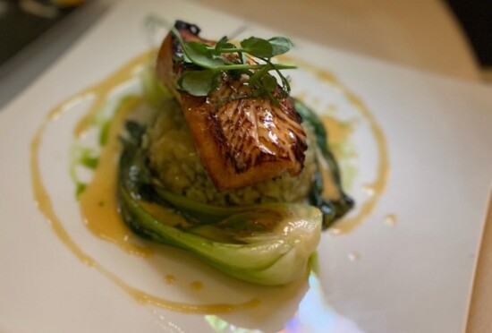 Butterfish, Pacific Sablefish, miso-sake bronzed, served with baby bok choy, bamboo rice and miso beurre blanc.