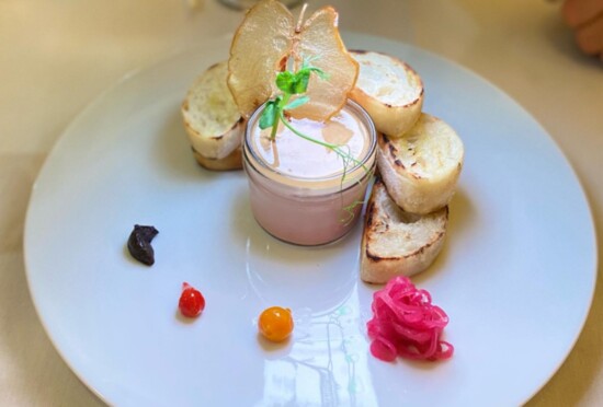 Foie Gras Pate, Apple Gelee and traditional garnishes.